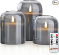 Homemory Glass Flameless Candles, Battery Operated Plliar Candles Realistic Flickering, LED Electric Light with Remote and Timer for Home, Christmas Decoration, Gray, Set of 3