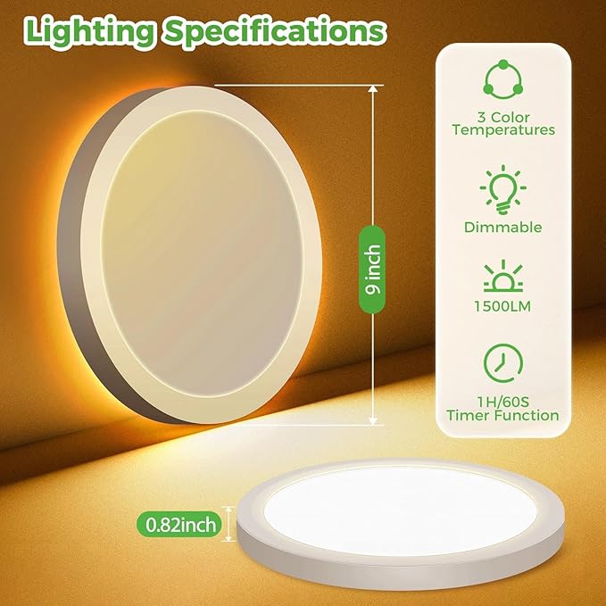 zemty 9 Inch LED Ceiling Light with Night Light 1800K, 2 Pack 3000K/4000K/6500K Dimmable Light Fixtures with Remote Control,15W 1500lm Flush Mount Ceiling Lamp for Bedroom Bathroom Kitchen-White