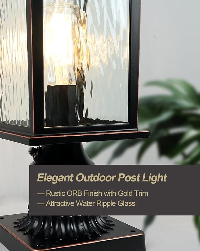 Dusk to Dawn Outdoor Post Light, Hardwired Oil-Rubbed Bronze Pole Lantern with Pier Mount Base, Water Ripple Glass, 17'' Waterproof Lamp Post Light Fixture for Driveway, Pathway, Yard