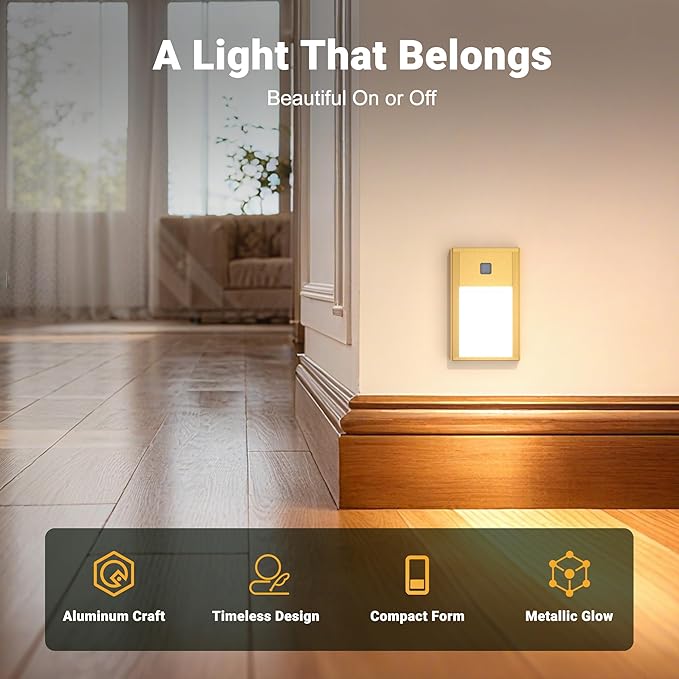V4light Rechargeable Motion Sensor Night Lights, 8-Pack - Painted Gold Aluminum Alloy, Ultra-Compact Magnetic Mount, 3000K Warm White Glow, Ideal for Hallways, Bedrooms, Stairs & Nightly Use