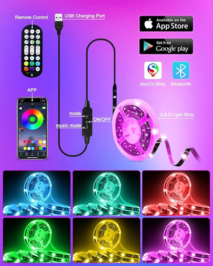 Daymeet TV LED Backlight, 9.8ft for TV Behind 32-60 inch TV Led Lights for Monitor Backlight RGB Led Light Strip, USB Powered Lights with Remote Music Sync Bluetooth APP Control