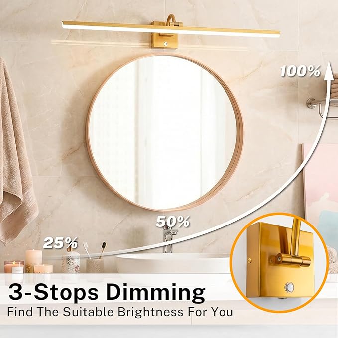 OSYNNIQ Bathroom Vanity Light, 34″ Modern Lighting Fixture Over Mirror Dimmable 16W 6000K LED Light Bar Rotatable Brass Gold Waterproof IP44 Wall Sconce for Makeup Shaving