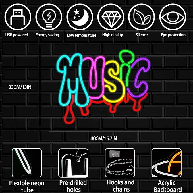 Dripping Music Neon Sign for Wall Decor, Colorful Letter Neon Light, Dimmable Live Music LED Light Up Sign for Bedroom,Game Room, Beer, Bedroom,Party,Club