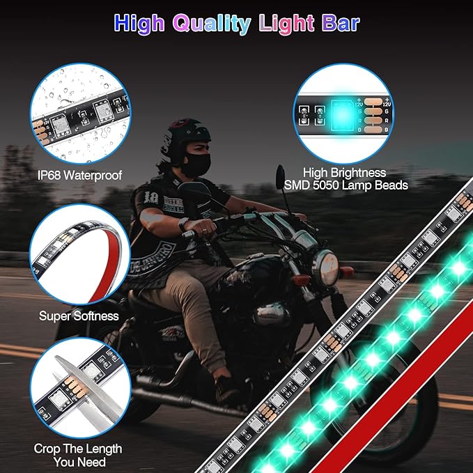 8 Piece RGB Motorcycle LED Underglow Kit with Brake Turn Signal, APP Control Music Sync, 24/4 Key Dual Remote, Waterproof Multicolor Motorcycle Strip Light for Harley Davidson Kawasaki ATV Golf Cart