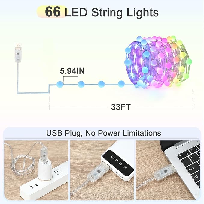 33ft Globe String Lights, 66 LED RGB Color Changing String Fairy Lights, Smart APP & IR Remote Control, 200+ Scene Modes for Bedroom Backdrop Indoor Outdoor Christmas Decorations
