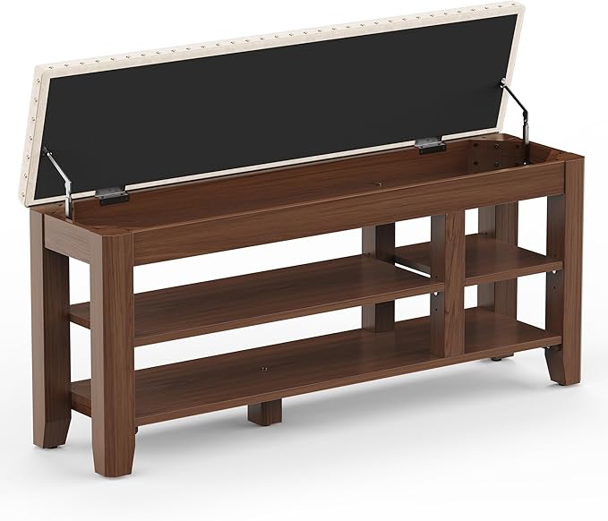 Shoe Bench for Entryway, Solid Rubberwood Shoe Bench with Hidden Storage, Adjustable 2-Tier Shelves & Soft PU Leather Seat, Shoe Rack Durable Easy Assembly for Hallway or Bedroom - Beige, 47.2"