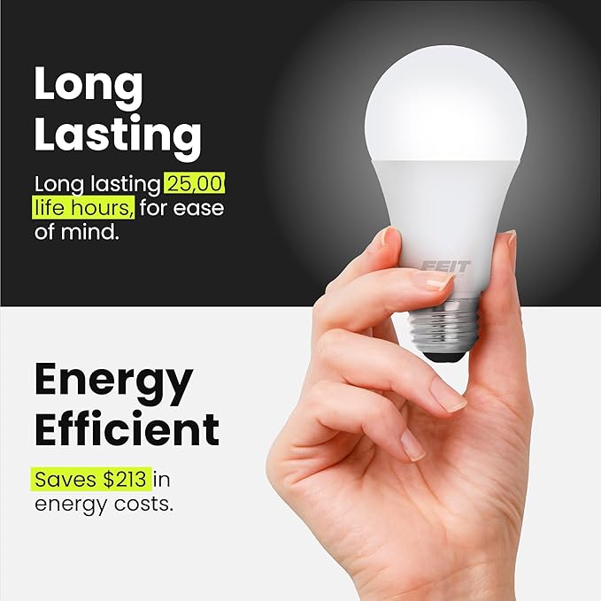 Feit Electric A19 LED Light Bulb, 60W Equivalent, Dimmable, 800 Lumens, E26 Medium Base, 5000K Daylight, CRI 90, 25,000 Hour Lifetime, UL Listed, Damp Rated, 4 Pack, OM60DM/950CA/4