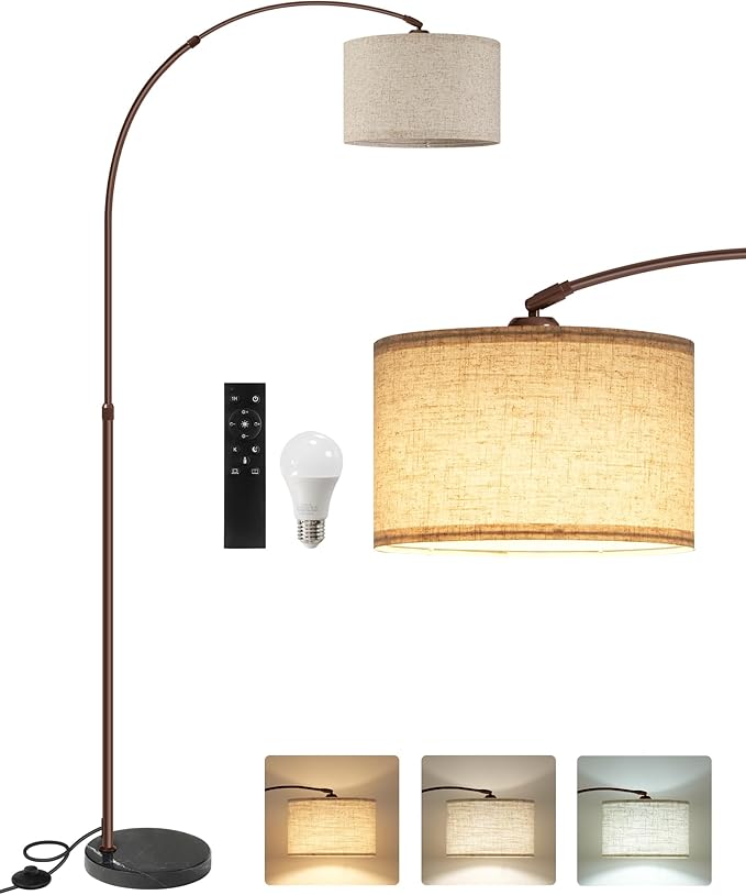 75" Arc Floor Lamp with Marble Base and Adjustable Height, Rotating Hanging Shade, Dimmable Floor Lamp for Living Room with Remote and Foot Switch, 3CCT, Over Couch Arched Light, Beige Brown VE15LD05
