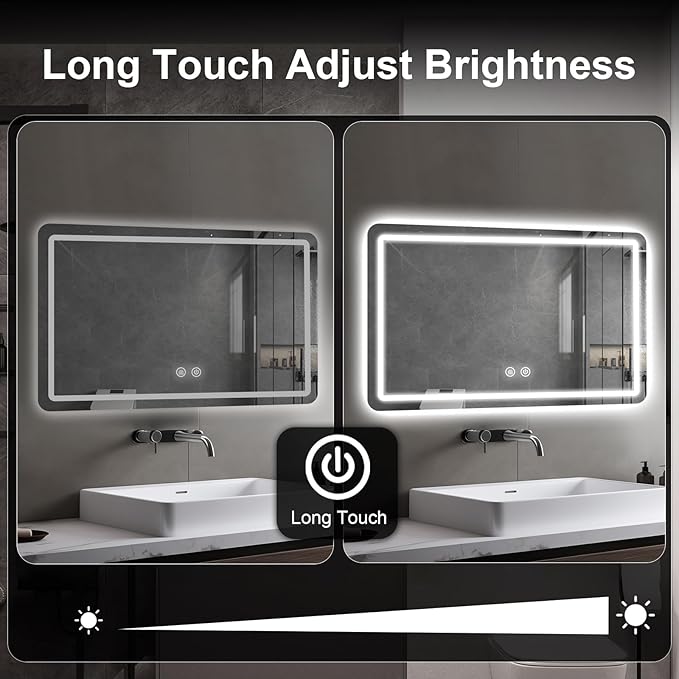 LED Bathroom Mirror, 36 x 24 Inch Anti-Fog Wall Mirror with Lights Stepless Dimmable, Lighted Bathroom Mirrors for Wall, Rectangle Bathroom Vanity Mirror with Front and Backlight, Horizontally Only