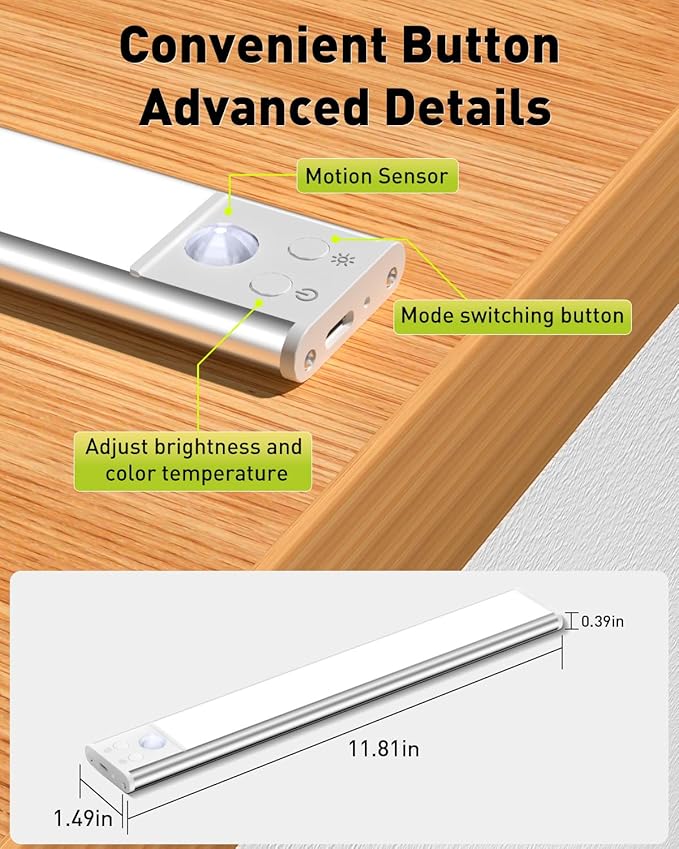 Diomart Under Cabinet Lights Wireless, Motion Sensor LED Closet Light Rechargeable, Motion Sensor Light Indoor Stick on Under Counter Lights for Kitchen, Stairs, 4 Pack
