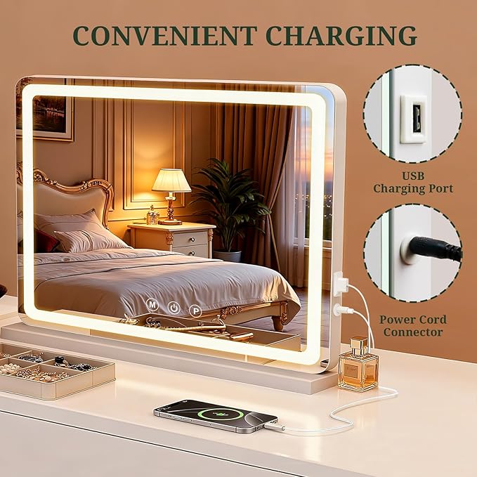 Vanity Mirror with Lights, LED Makeup Mirror with 3-Color Dimmable Lighting, Smart Touch Control, Memory Function, Tabletop Lighted Mirror for Bedroom, Dressing Room