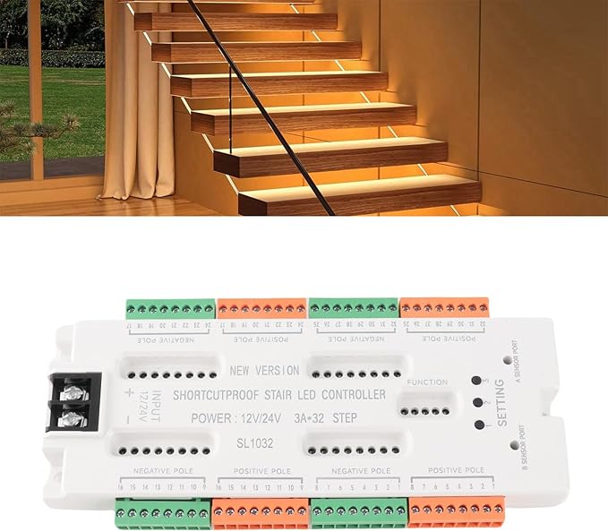 Yunir Motion Sensor LED Stair Light Controller, 32 Channels Intelligent Automatic Staircase Ladder Step Light Controller, Stairway Lighting Controller, for Home, Store DC12V 24V