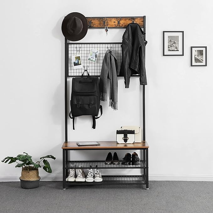 VASAGLE Industrial Coat Rack Stand, Shoe Rack Bench with Grid Memo Board, 9 Hooks and Storage Shelves, Hall Tree with Stable Metal Frame, Rustic Brown UHSR46BX