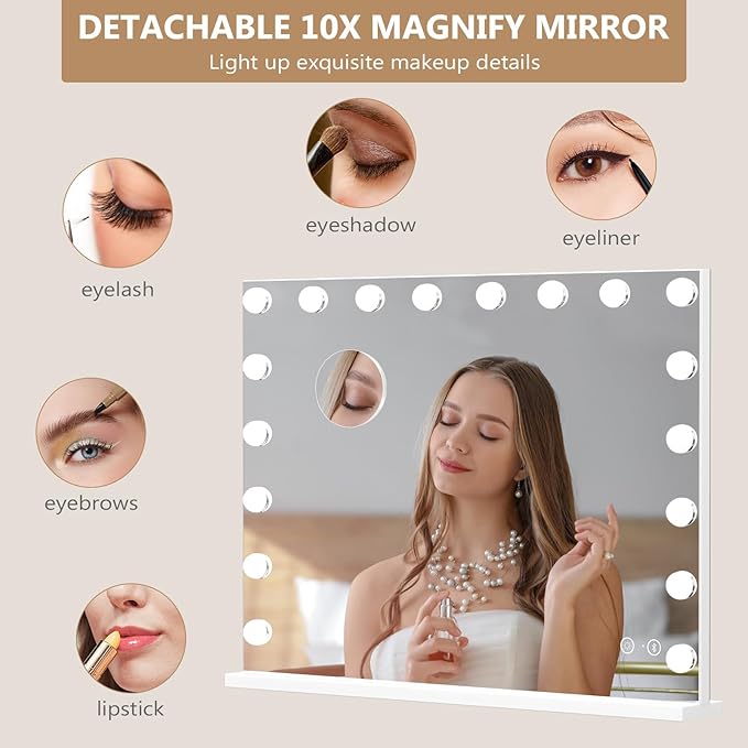 Fenair Large Vanity Mirror with Lights and Speaker Hollywood Lighted Makeup Mirror with Sturdy Base, 18 Dimmable LED Bulbs, 3 Light Colors, USB Charge Port