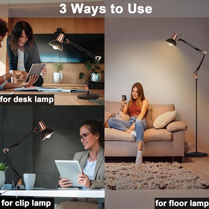 FIRVRE LED Floor Lamp, Vintage Metal Swivel Floors Lamp, 3 Usage Modes - Floors Lamp, Table Lamp and Clip Lamp, E26 Architectural Reading Lamp with Push Button for Bedrooms, Offices and Studios