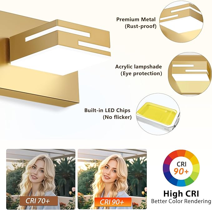 LED Modern Bathroom Vanity Light Fixtures, 5-Light 34-inch Dimmable Gold Vanity Lights for Bathroom Lighting Fixtures Over Mirror, with 350° Rotatable Heads (Cool White 6000K)