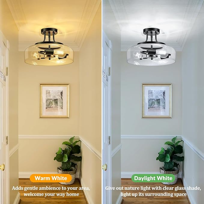 Modern Industrial Semi Flush Mount Ceiling Light with Clear Glass Shade, 3-Bulb Black Ceiling Light Fixture for Kitchen Bedroom Living Room Porch Hallway Entryway, E26 Socket, Bulbs Not Included