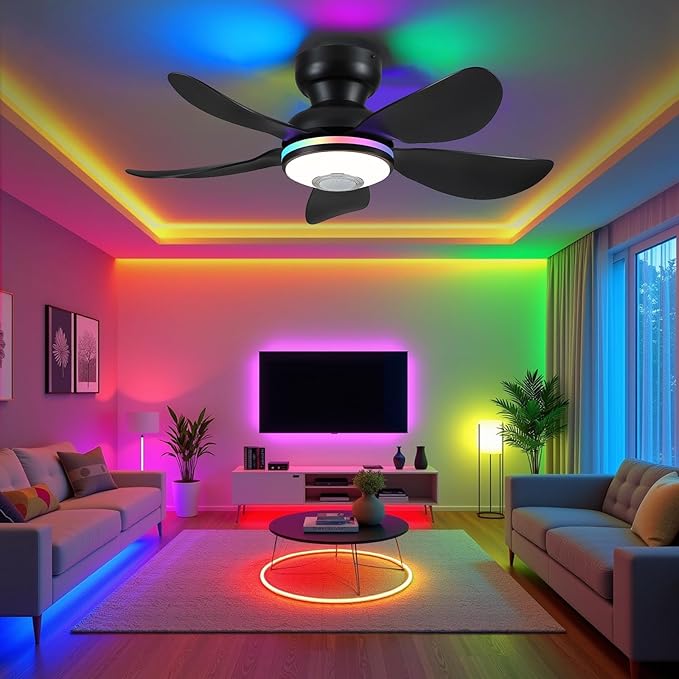 36" Ceiling Fans with RGB Lights Remote/APP Control, Small Ceiling Fan, 3 CCT Dimmable White Lights+RGB Ring Lights+Music Player, 5 Reversible Plastic Blades 6 Speeds for Kidsroom, Black