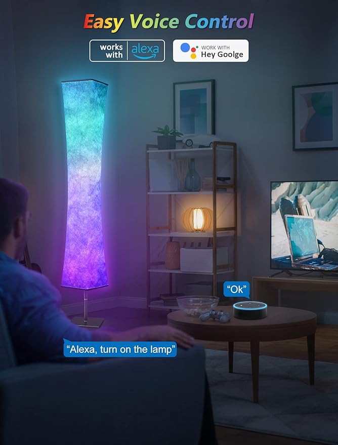 Torchlet RGB Led Smart Lamp Alexa APP Control, Color Changing Modern Floor Standing Lamp with DIY Mode, Music Sync and White Fabric Shade for Living Room Bedroom Game Room