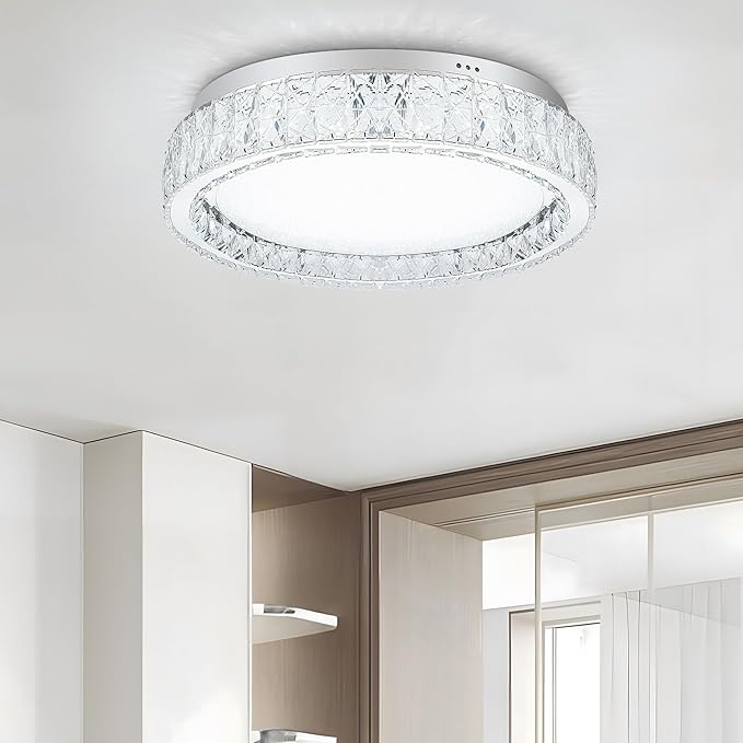 Krychiler 17.7" Bright Crystal Flush Mount Ceiling Lights, Dimmable LED Modern Close to Ceiling Lighting Fixture, Chrome Hallway Round Chandelier for Bedroom Kitchen Bathroom Foyer Living Dining Room