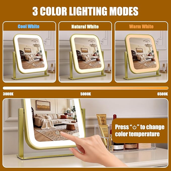 Vanity Mirror with Lights, 1500mAH, 10"×9" Makeup Mirror with Lights, Smart Touch with 3-Color Lighting, 360° Rotation, Portable LED Desk Mirror, Bedroom (Gold)