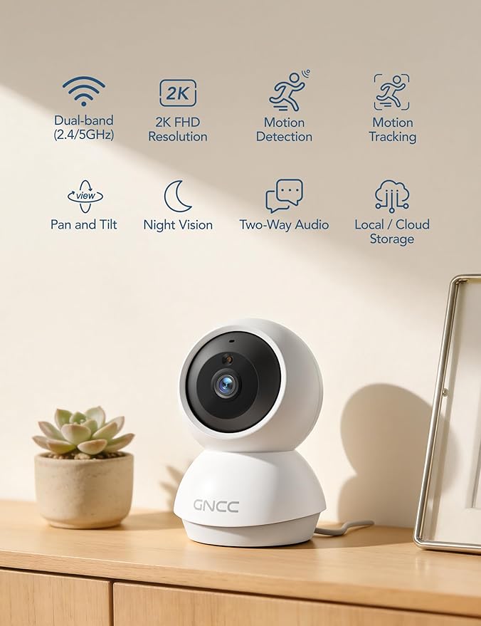 GNCC 2K Cameras for Home Security, Indoor Pan/Tilt Security Camera for Baby Monitor/Pet Camera, Motion Detection, Night Vision, 2-Way Audio, 24/7 SD Card Storage & Optional Cloud, 2.4/5GHz WiFi, 2 Pcs