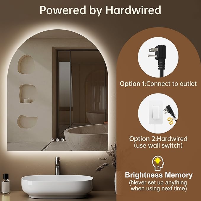 Arched Backlit Mirror Bathroom 30"x36"- Frameless LED Bathroom Mirror with Lights, Fogless, Dimmable, 3 Color Changing, Shatterproof, Touch Sensor