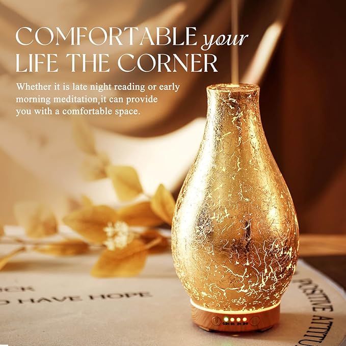 Porseme 100ml Gold-Plated Volcano Essential Oil Diffuser 3D Glass - Elegant and Effective Aromatherapy with 7 Color Changing LEDs and Waterless Auto-Off, BPA Free for Home Yoga Leisure SPA Gift