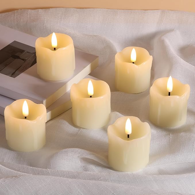 Eywamage Ivory Dripping Wax Flameless Votive Candles with Remote Batteries, 2x2 in Small Flickering LED Pillar Candles Set of 6