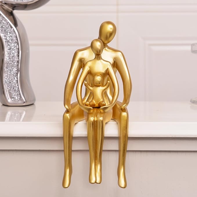Quoowiit Gold Decor Family Statue Shelf Decor, Abstract Modern Home Decorations Family Sculpture, Minimalist Miniature Coffee Table Ornament Figurines for Office Bookshelf Living Room Bedroom 3 Piece