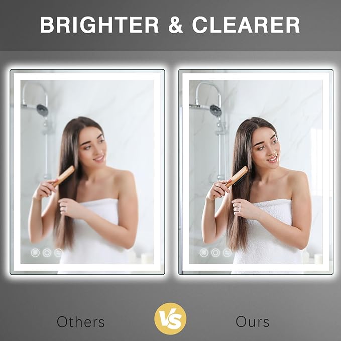 Bathroom Mirror, 28"x 36" LED Mirrors with Anti-Fog, Stepless 3 Colors Temperature & Dimmable, Memory Tempered Glass Bathroom Mirrors for Over Sink, Vanity Mirror with Lights