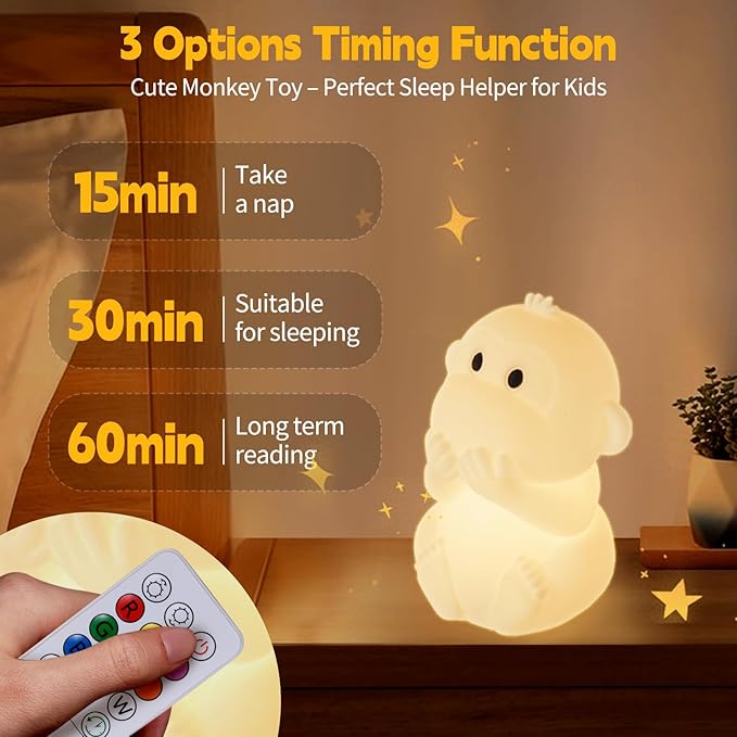 Monkey Night Light for Kids, Remote & Tap Control, Color Change, 15/30/60 Min Timer, Dimmble, USB-C Rechargeable Squishy Night Light, Cute Night Lamp for Boys, Girls (Monkey)