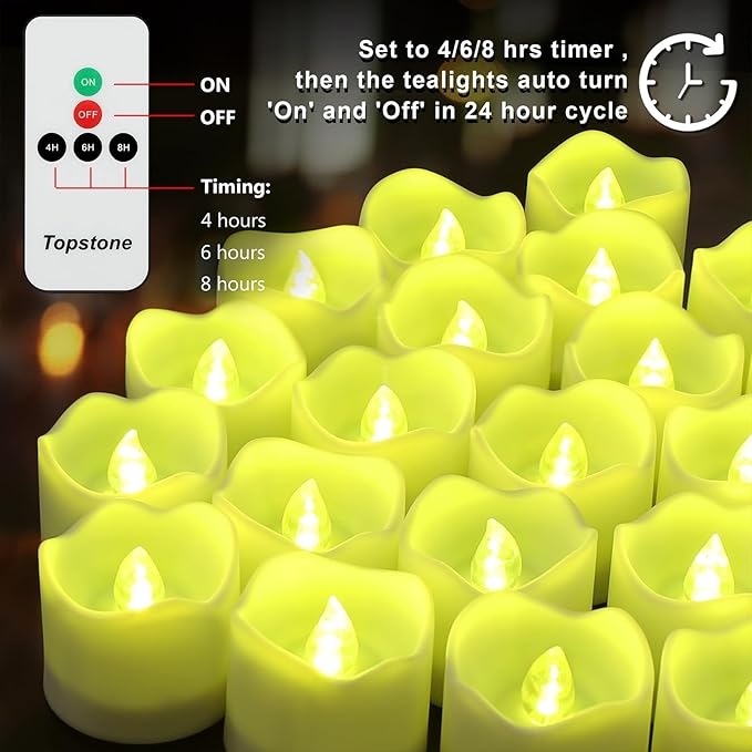 Topstone Green Remote Control Flameless Tealight Candles,CR2450 Battery Powered Votive Candles with Timer,Electric Fake Candle for Home, Christmas Decoration,Pack of 12