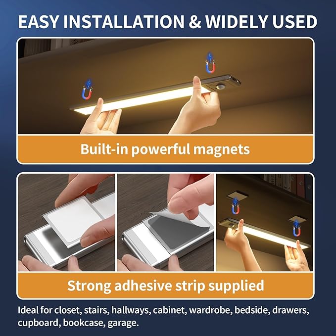 12" Under Cabinet Lights,88 LED Operated Motion Sensor Light Indoor,2200mAh USB Rechargeable Closet Lights, 2 Pack Magnetic Dimmable Closet Lights?Wireless Under Counter Lights for Kitchen, Stairs