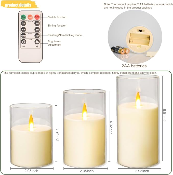 Flameless Candles with Remote&Timer - Realistic 3D Flickering Flame LED Battery Operated Candles, Warm White Light for Home Decor, Christmas, Wedding, Party, and Holiday Decoration