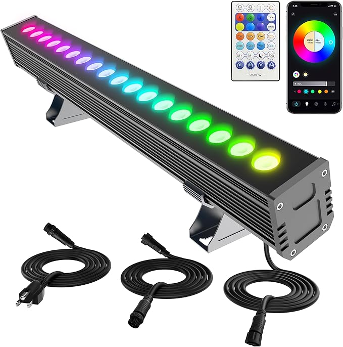 Smart Wall Washer Light Bar 20in RGBCW – Linkable Waterproof LED Light for Indoors/Outdoors with App/Voice Control, 16M Colors, Dimmable, Music Sync, 50 Scene Modes, Timer, AC120V