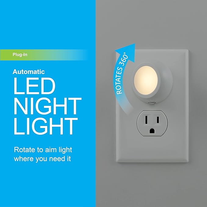 GE Rotating Plug in Night Light, Home Decor, Apartment Essentials, LED Lights for Bedroom, Ambient Lighting, Dusk to Dawn Sensor, Nightlight, Bathroom, Dorm Room, 2 Pack 31533
