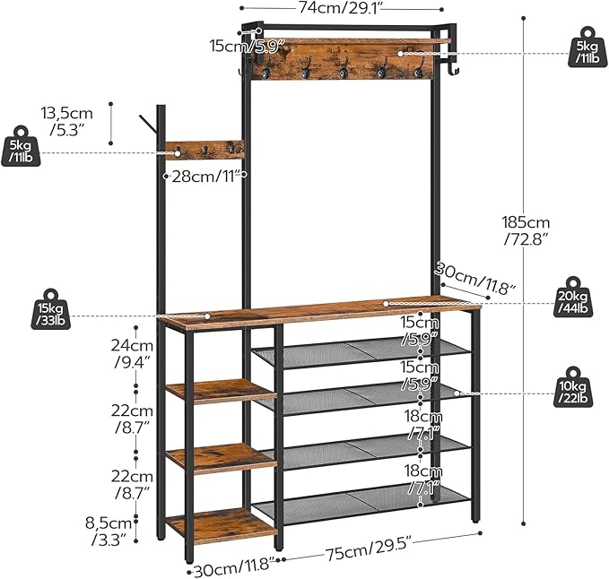 HOOBRO Hall Tree with Bench, Entryway Bench with Coat Rack, Shoe and Coat Rack for Entryway, Coat Rack with Shoe Storage and Reversible Storage Shelves, Rustic Brown BF105MT01