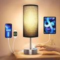 KPQ Small Bedside Lamp Touch Control Table Lamp with USB A+C Charging Ports & AC Outlet 3-Way Dimmable Nightstand Lamp with Linen Fabric Shade for Bedroom Living Room