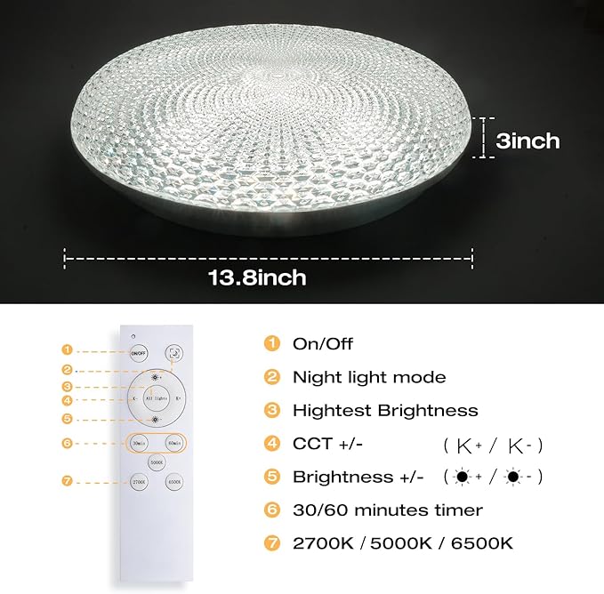 OOWOLF Flush Mount LED Ceiling Light Fixture, 2700K-6500K Super Bright 36W 3600LM 13.78 Inch Dimmable Warm/White Light Kitchen Light Modern Ceiling Lamp for Bedroom Bathroom, Chandeliers with Remote