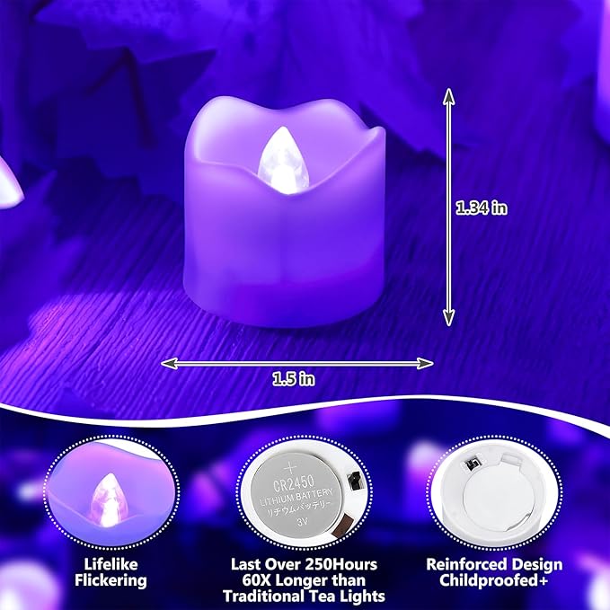 Topstone Electronic Flameless Candles with Remote Control,Purple LED Light, 400+ Hours Battery Life, CR2450 Battery Included, Timer, Realistic Flickering for Home Decor, Wedding, Party, Holiday