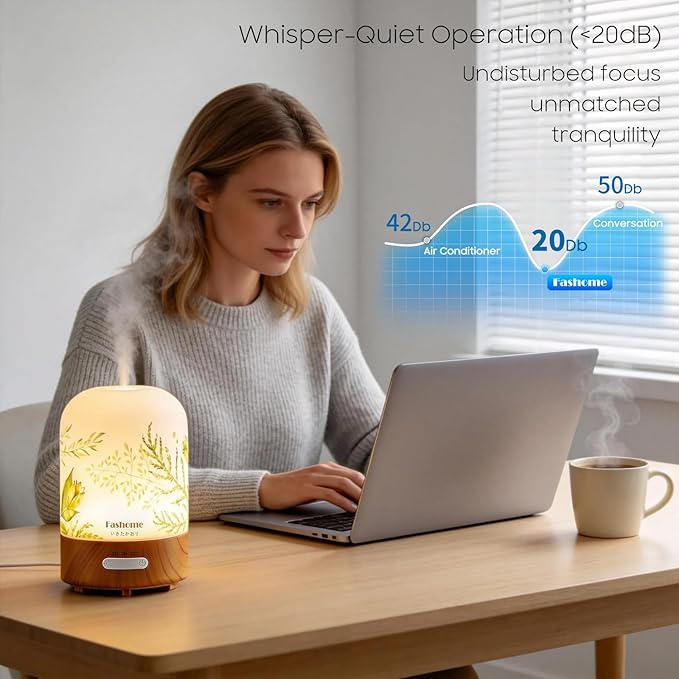 Essential Oil Diffuser Hand Blown Glass, 100ml Small Aromatherapy Diffuser, Auto Shut-Off Function, Ultrasonic Diffusers for Essential Oils, Cool Mist Humidifier with Warm White Lights