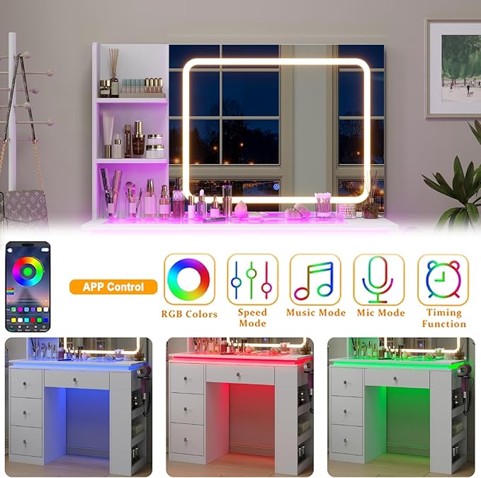 Vanity Desk with Mirror and Lights,Transparent Top Vanitys with 2 RGB Drawers, A Variety of Lighting Modes Brightness Adjustable,Power Outlet, Side-Mounted Large-Capacity Storage, White