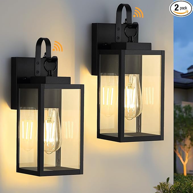 2 Pack 11.8-inch Dusk to Dawn Outdoor Wall Lights, Black Exterior Light Fixture with Clear Tempered Glass, IP65 Waterproof All-Metal Sconce for Porch, Front Door, Garage