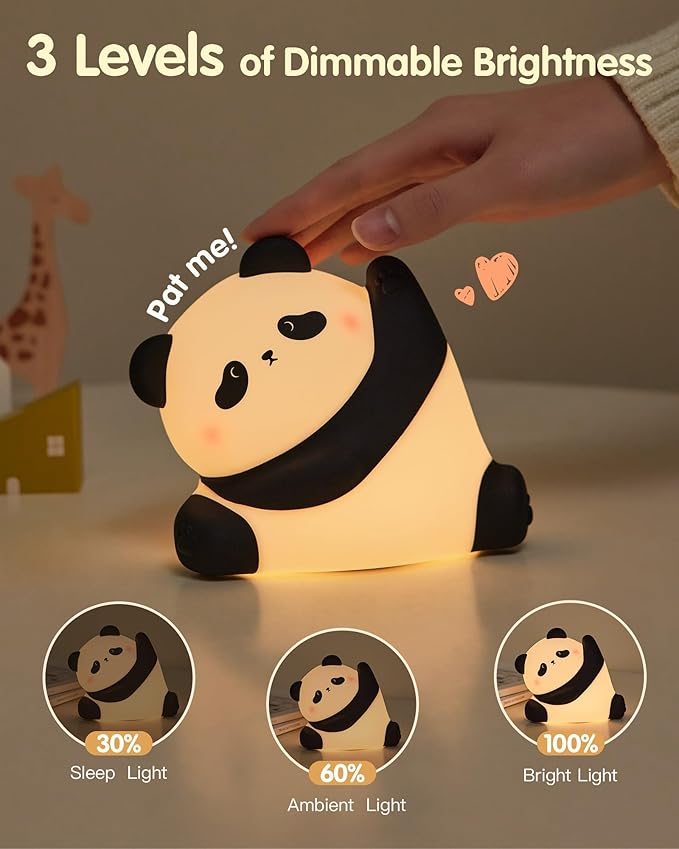 Panda Night Light, Rechargeable 3 Level Dimmable LED Squishy Nursery Nightlight, Food Grade Silicone Animal Night Lamps Cute Bedside Touch Lamp for Breastfeeding Holiday Gift for Boys & Girls