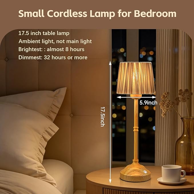 TRRMEZY 17.5" Cordless Touch Bedside Lamp for Bedroom Nightstand Nursery, Battery Operated Rechargeable, 3-Color Dimmable Night Light for Kids Room, Living Room, Desk, End Table, LED Bulb Included