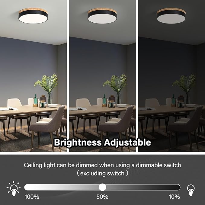 Modern LED Ceiling Light, Dimmable Wood Flush Mount Ceiling Lighting Fixture, 5CCT Round Wood Close to Ceiling Lamp for Kitchen Hallway Bathroom Office Laundry Room Entryway Nursery(Black& 11.81 in)