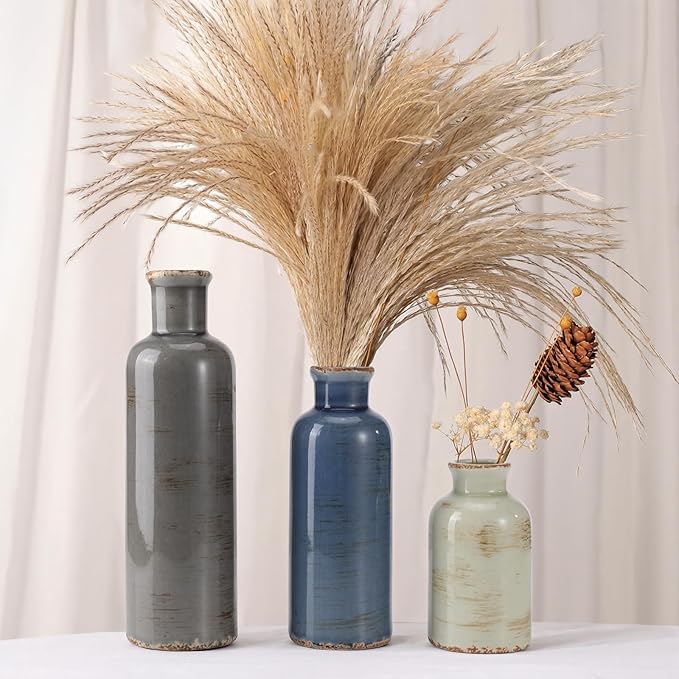 Small Ceramic Vase Set of 3, Boho Modern Flower Vase Room Decor, Farmhouse Decor, Vases for Your Kitchen, Bathroom, Bedroom, Living Room, Office&Shelf Centerpiece Table Decorations
