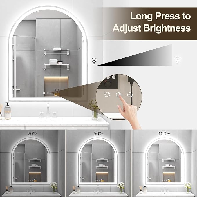 Arched LED Mirror for Bathroom 30"x36", Silver LED Bathroom Mirror with Lights-Fogless, Dimmable, 3 Color Changing, Touch Sensor