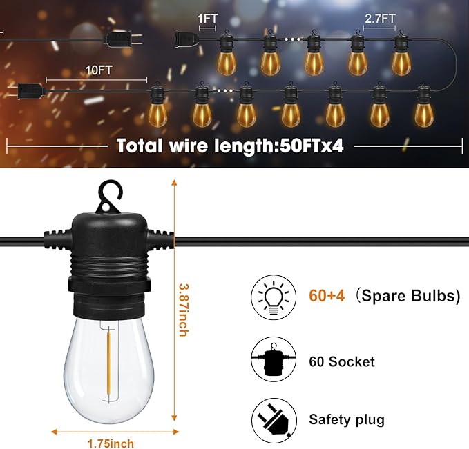 200FT(50FT*4) LED Outdoor String Lights Waterproof Patio Lights with 64 Shatterproof S14 Edison Bulbs(4 Spare), Dimmable Hanging Outdoor Light Connectable for Yard, Porch, 2700K Warm White